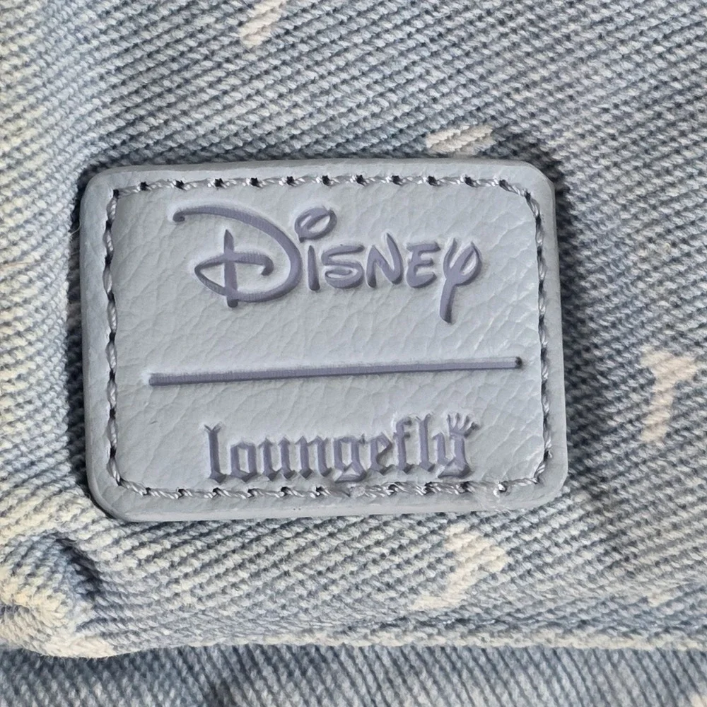 Disney Loungefly Stitch Light Wash Denim Mini Backpack Blue White Letter Print